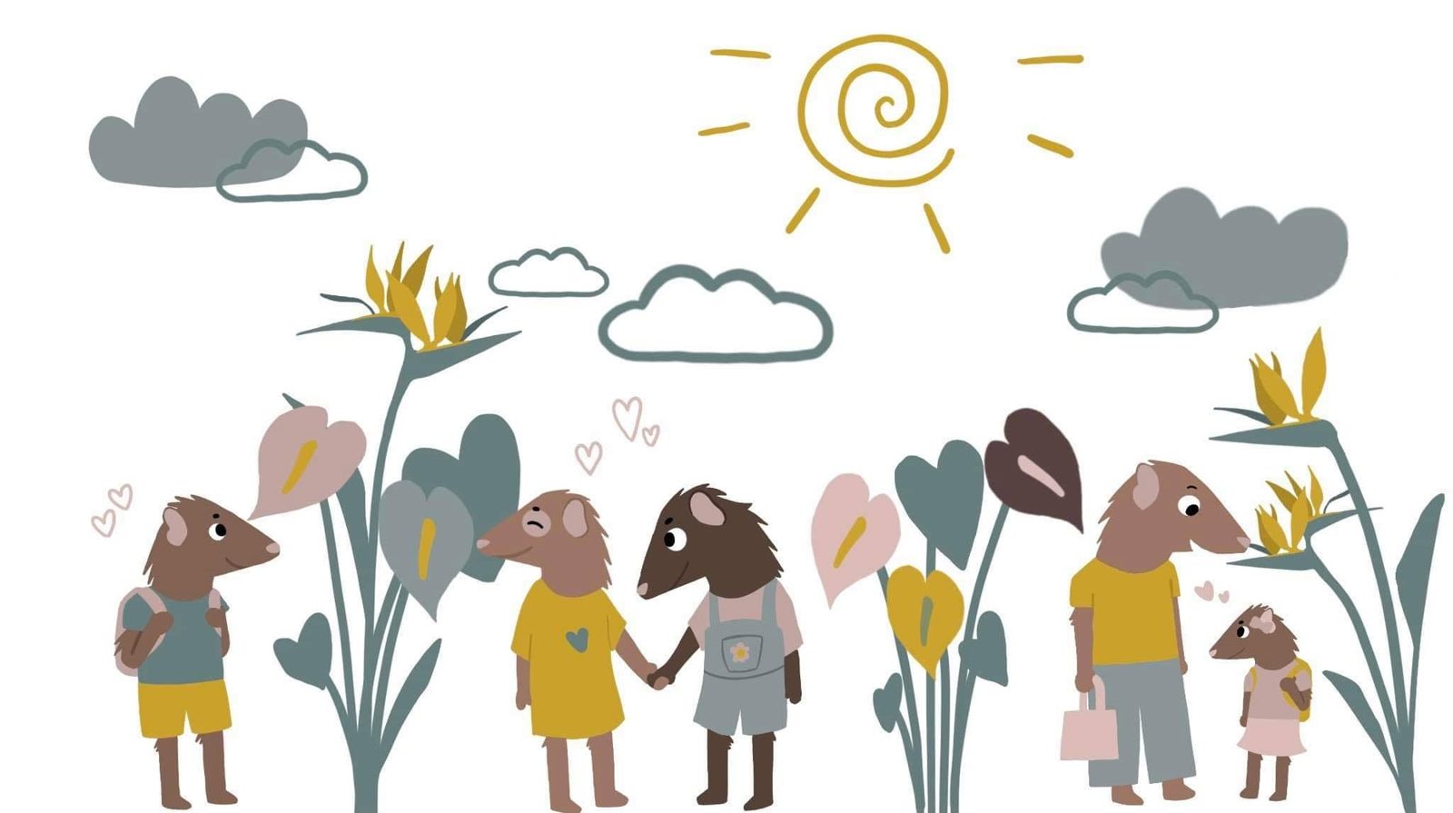 Illustration : une famille de petits animaux se promène entre les oiseaux de paradis sous le soleil