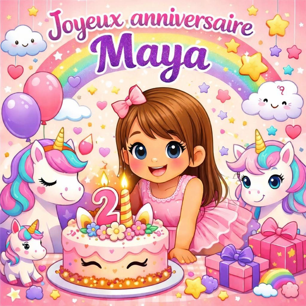 Carte d'anniversaire illustrée pour les 2 ans de Maya