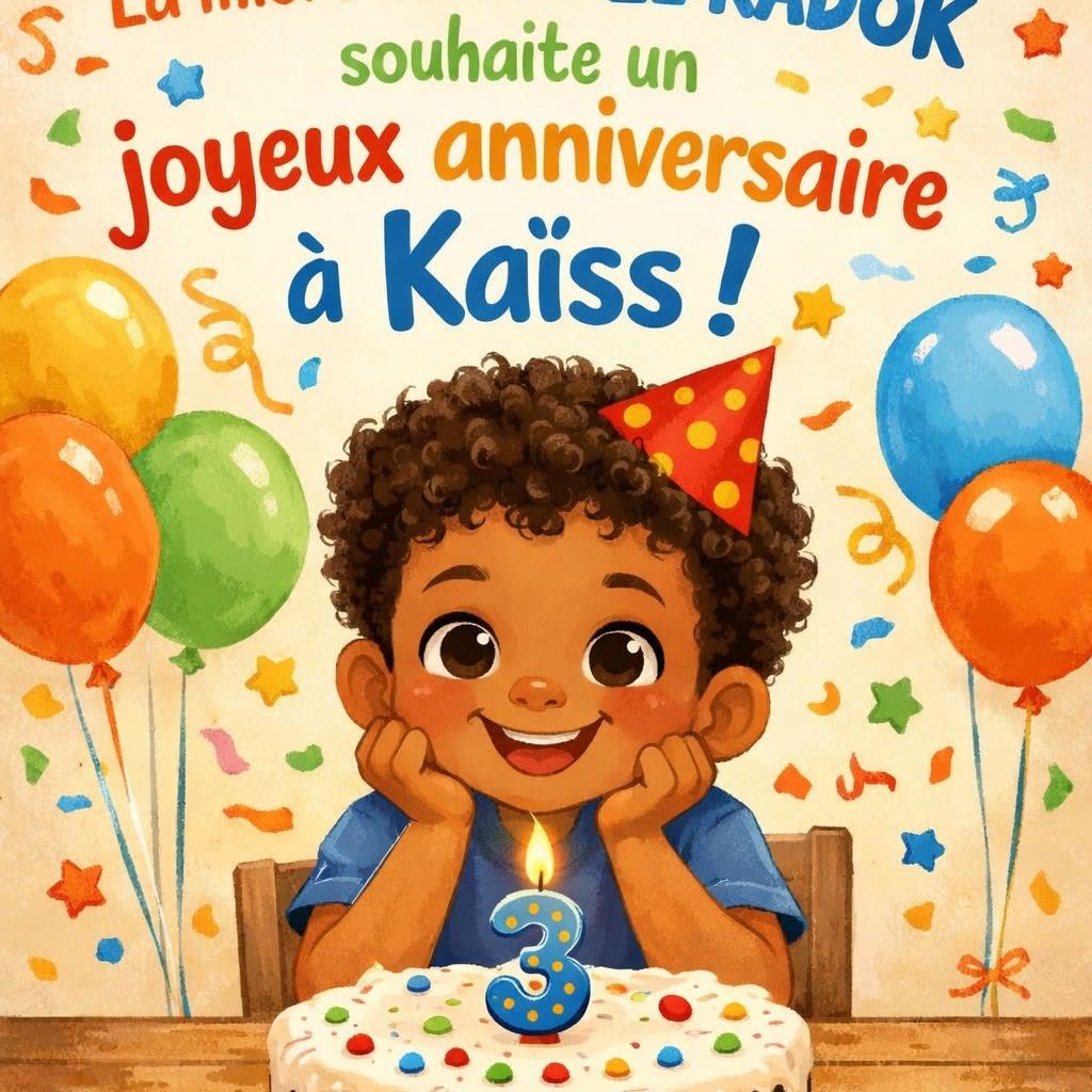 Carte d'anniversaire illustrée pour les 3 ans de Kaïss